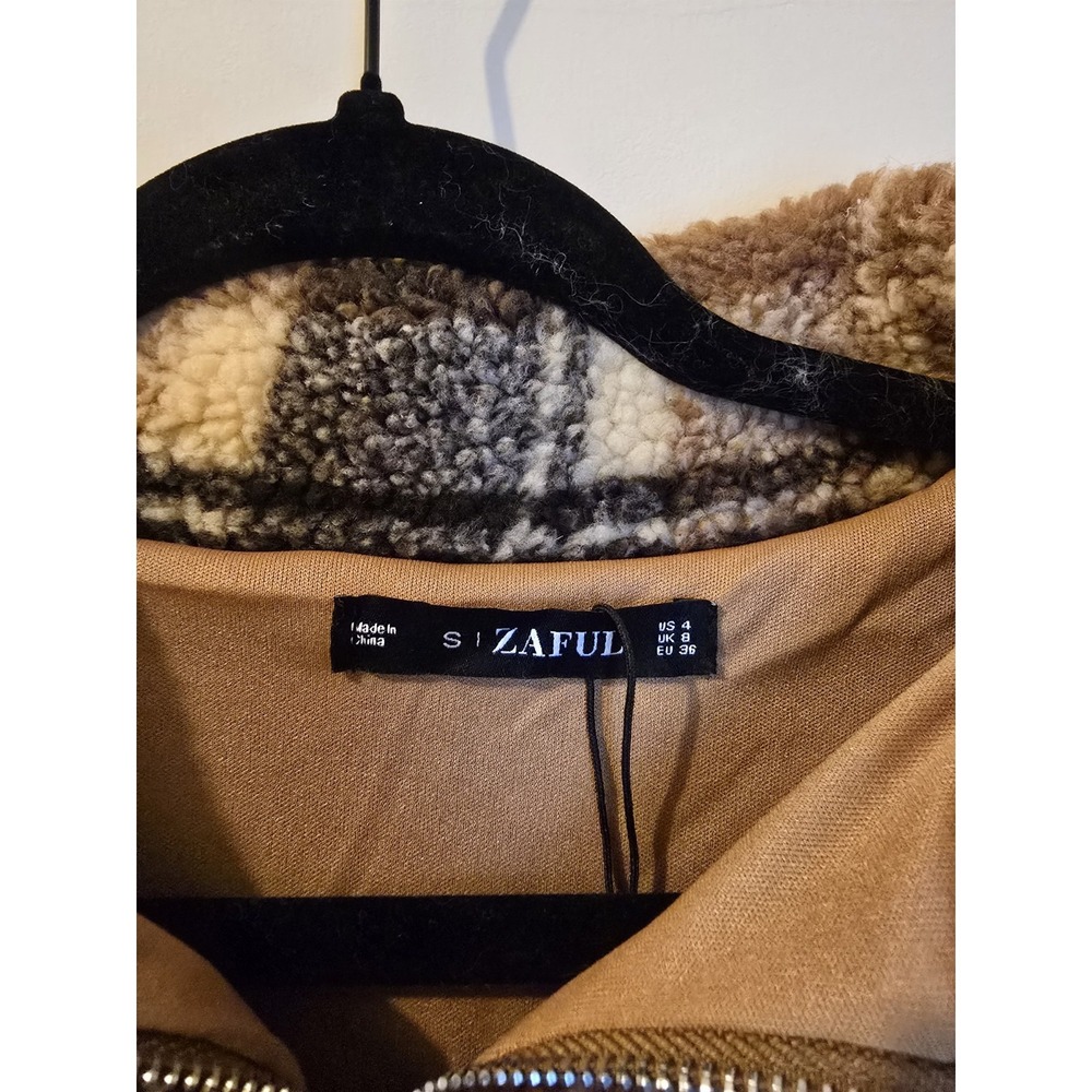 Zaful womens small sherpa Cropped sweater pullover 1/2 zip Brown Plaid - Picture 3 of 4